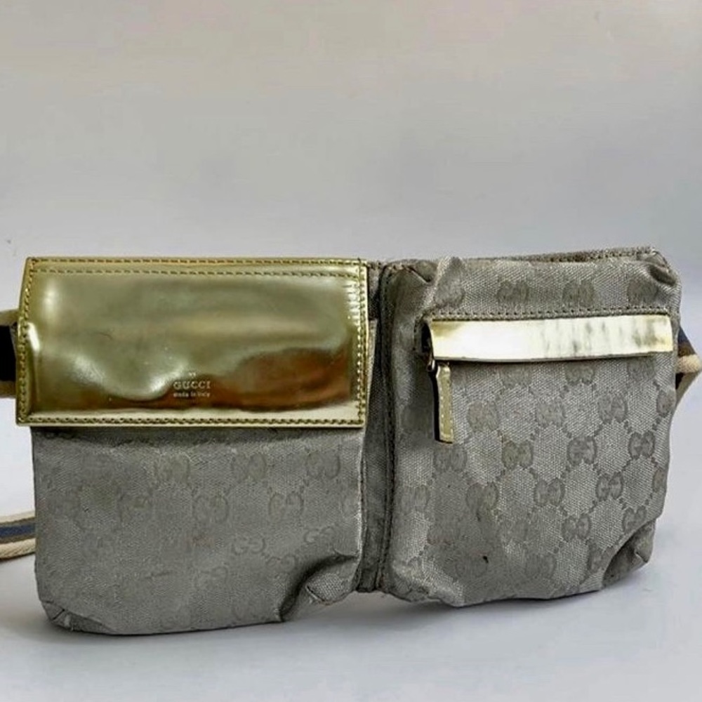 Pre Owned Gucci GG canvas Fanny waist pouch Gold Tone Leather pattern- material